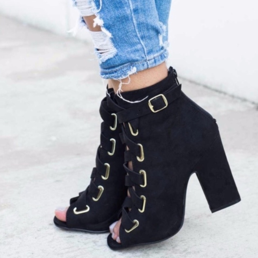 KELLY✨ lace up peep toe block heel shoes black - Picture 2 of 4